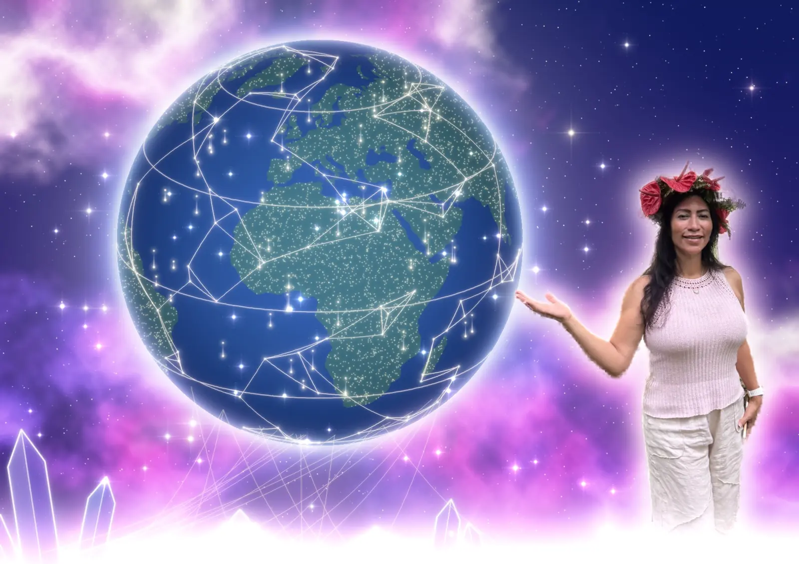 Maria Martinez presenting the Earth woven with light, with pillars of light rising across the planet