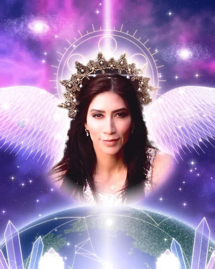 Maria Martinez, crowned, with wings of light above a glowing Earth