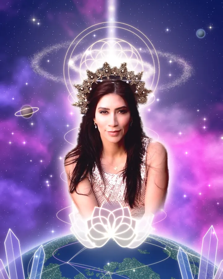 Maria Martinez, crowned, seated in a lotus of light above the Earth