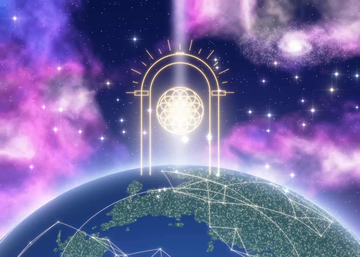 A golden Gate of light standing on a glowing, light-gridded Earth
